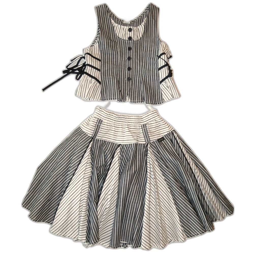 Jottum boutique girls skirt outfit 134/140 8 10 navy ivory stripe vest top shirt